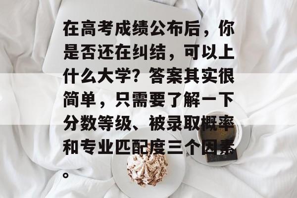 在高考成绩公布后，你是否还在纠结，可以上什么大学？答案其实很简单，只需要了解一下分数等级、被录取概率和专业匹配度三个因素。