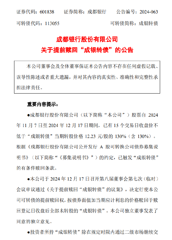 成都银行:决定提前赎回未转股的“成银转债”